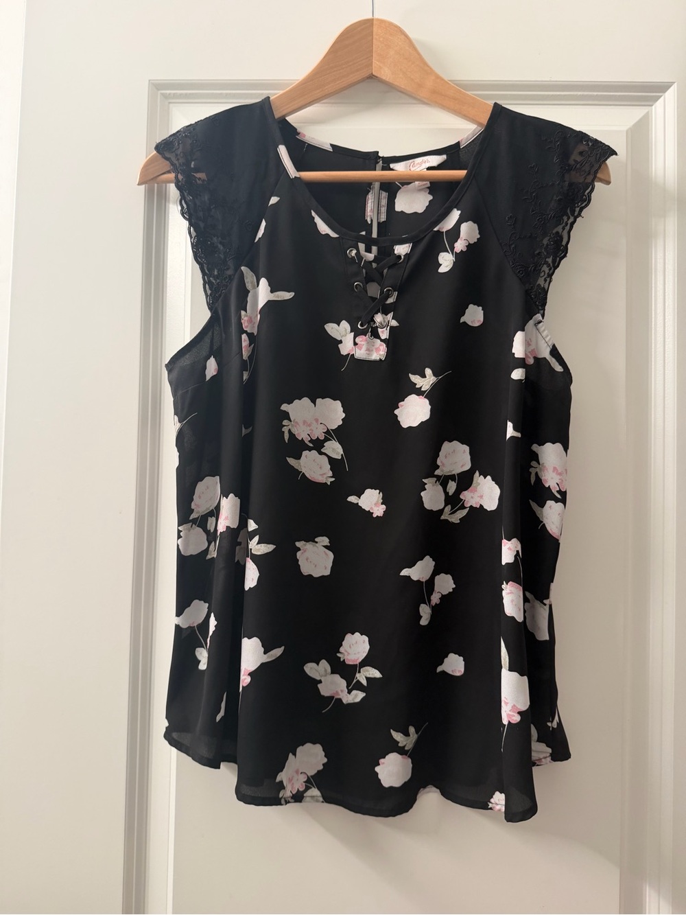 Candie's Black Floral Lace-Trim Lace-Up Camisole